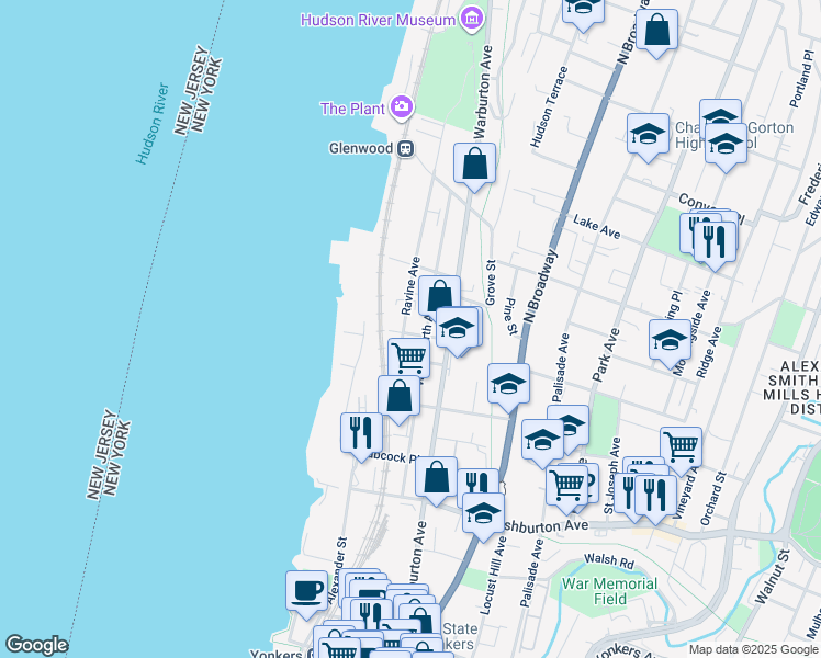 map of restaurants, bars, coffee shops, grocery stores, and more near 47 Ravine Avenue in Yonkers