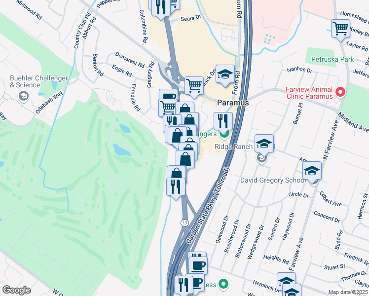 map of restaurants, bars, coffee shops, grocery stores, and more near 2-14 Powers Drive in Paramus