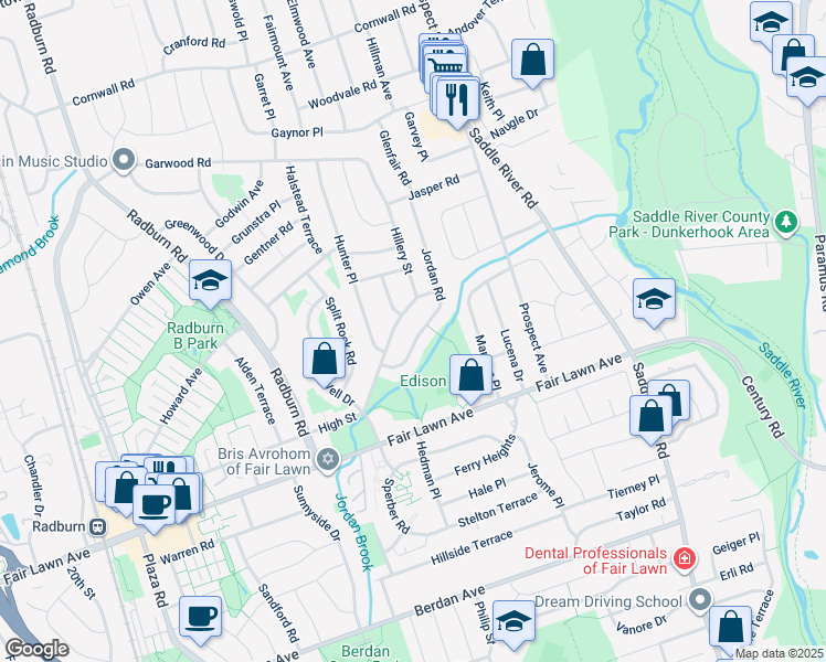 map of restaurants, bars, coffee shops, grocery stores, and more near 16-10 Jordan Road in Fair Lawn