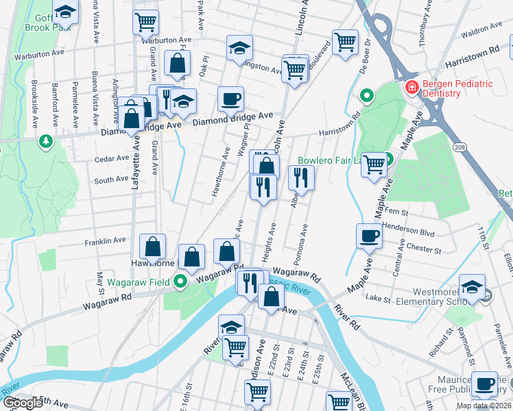 map of restaurants, bars, coffee shops, grocery stores, and more near 127 Passaic Avenue in Hawthorne