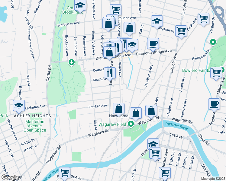 map of restaurants, bars, coffee shops, grocery stores, and more near in Hawthorne
