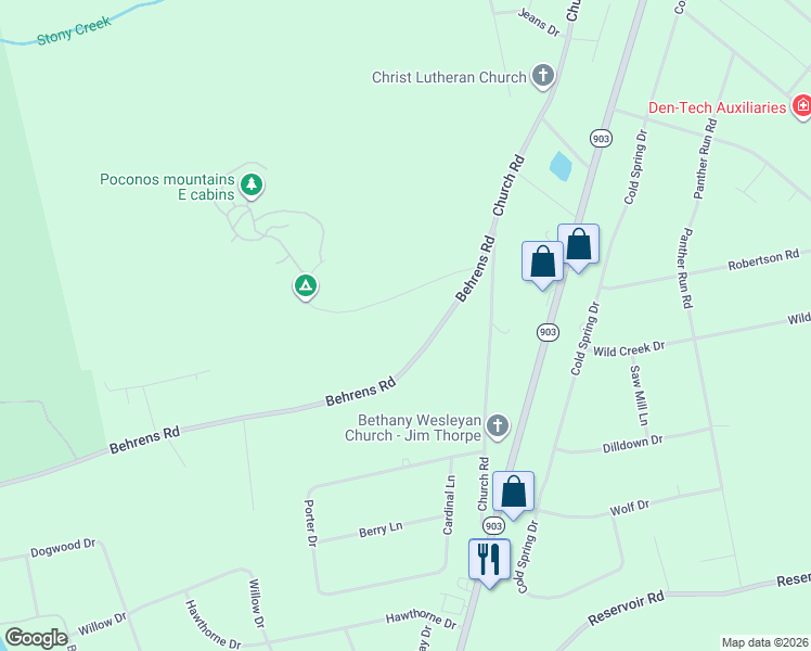 map of restaurants, bars, coffee shops, grocery stores, and more near 675 Behrens Rd in Jim Thorpe