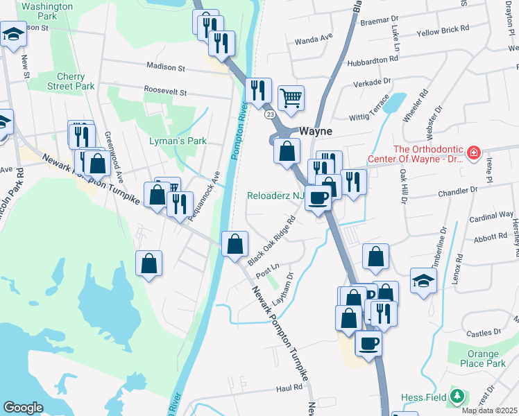 map of restaurants, bars, coffee shops, grocery stores, and more near 11 Court Lane in Wayne