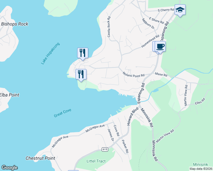 map of restaurants, bars, coffee shops, grocery stores, and more near 33 Cove Road in Jefferson