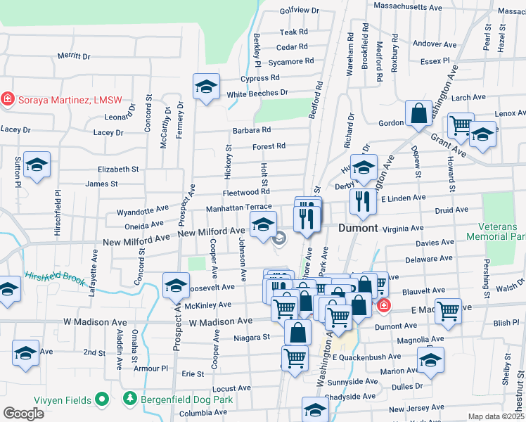 map of restaurants, bars, coffee shops, grocery stores, and more near 139 Manhattan Terrace in Dumont