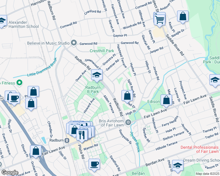 map of restaurants, bars, coffee shops, grocery stores, and more near 17-12 Greenwood Drive in Fair Lawn