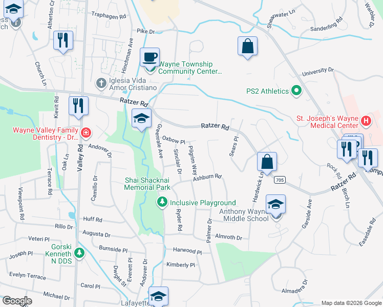 map of restaurants, bars, coffee shops, grocery stores, and more near 8 Pilgrim Way in Wayne