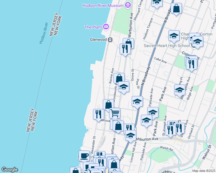 map of restaurants, bars, coffee shops, grocery stores, and more near 47 Ravine Avenue in Yonkers