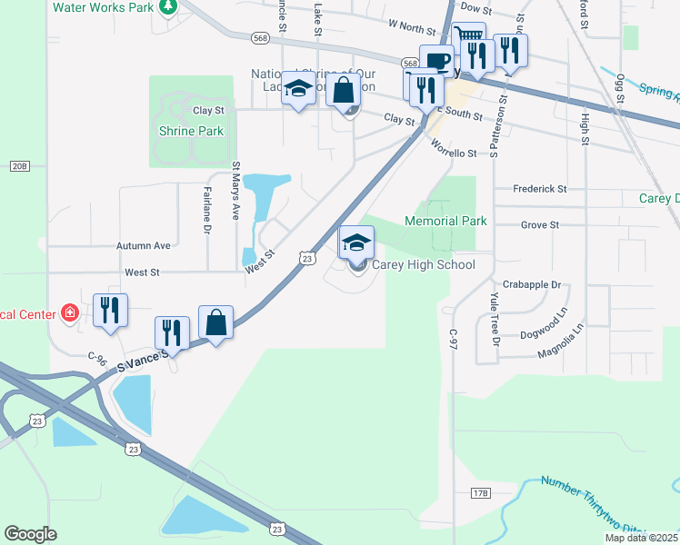 map of restaurants, bars, coffee shops, grocery stores, and more near 2016 Blue Devil Drive in Carey