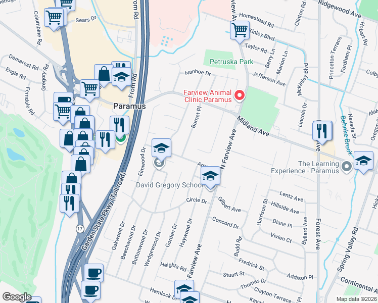 map of restaurants, bars, coffee shops, grocery stores, and more near 372 Burnet Pl in Paramus