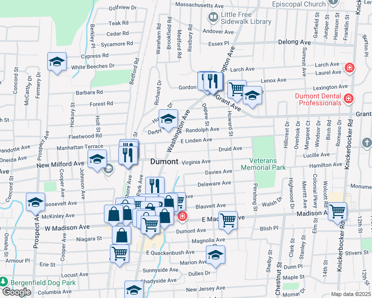 map of restaurants, bars, coffee shops, grocery stores, and more near 40 Druid Avenue in Dumont