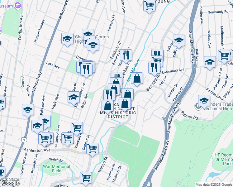 map of restaurants, bars, coffee shops, grocery stores, and more near 578 Nepperhan Avenue in Yonkers