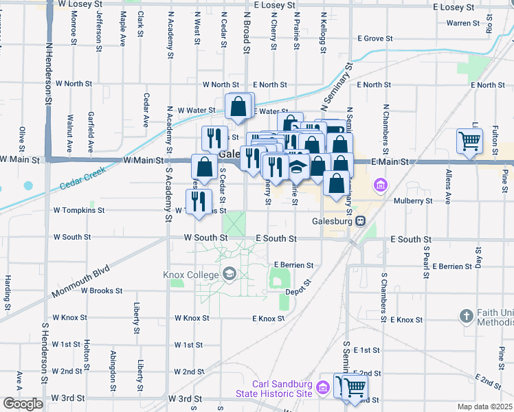 map of restaurants, bars, coffee shops, grocery stores, and more near 19 West Tompkins Street in Galesburg