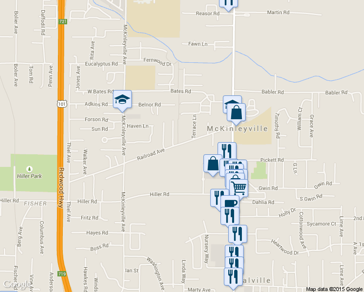 map of restaurants, bars, coffee shops, grocery stores, and more near 1414 Railroad Avenue in McKinleyville