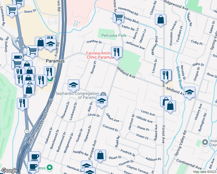 map of restaurants, bars, coffee shops, grocery stores, and more near 381 North Farview Avenue in Paramus