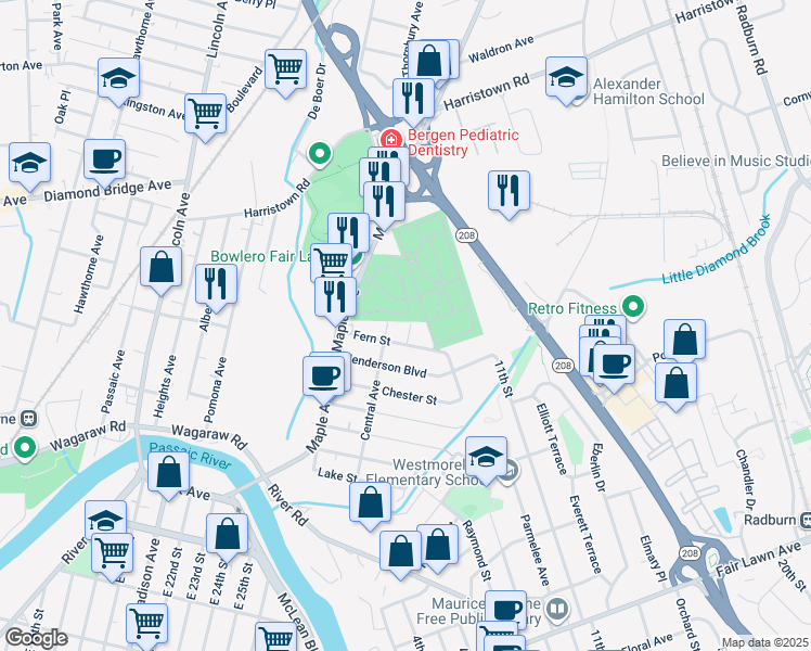 map of restaurants, bars, coffee shops, grocery stores, and more near 22-14 Myrtle Avenue in Fair Lawn