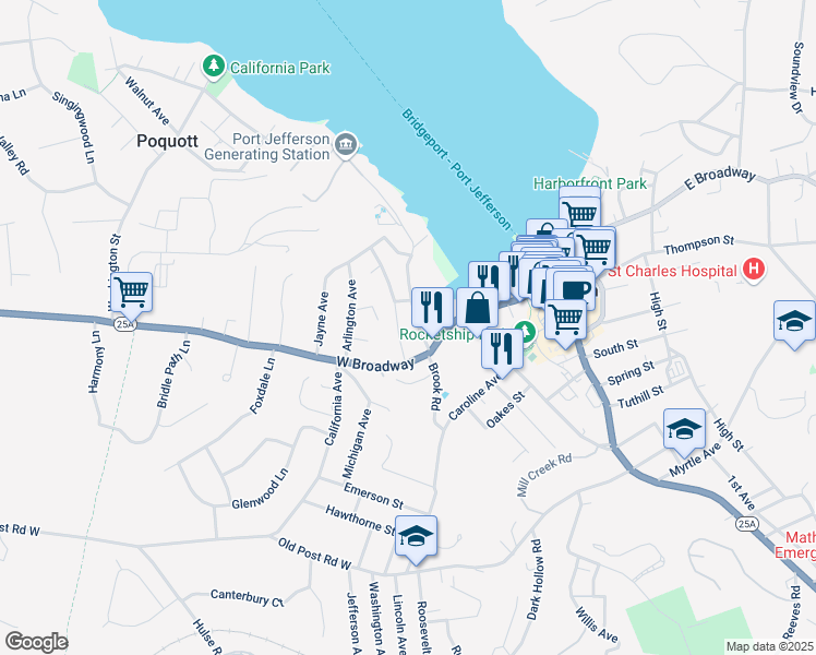 map of restaurants, bars, coffee shops, grocery stores, and more near 111 Beach St in Port Jefferson