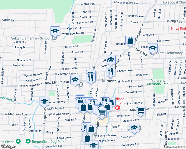 map of restaurants, bars, coffee shops, grocery stores, and more near 24 Sunset Street in Dumont