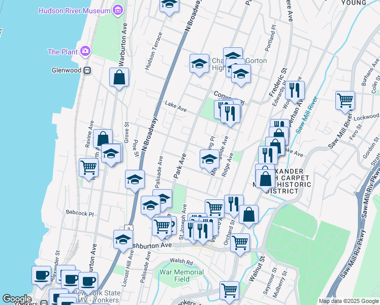 map of restaurants, bars, coffee shops, grocery stores, and more near 156 Park Avenue in Yonkers
