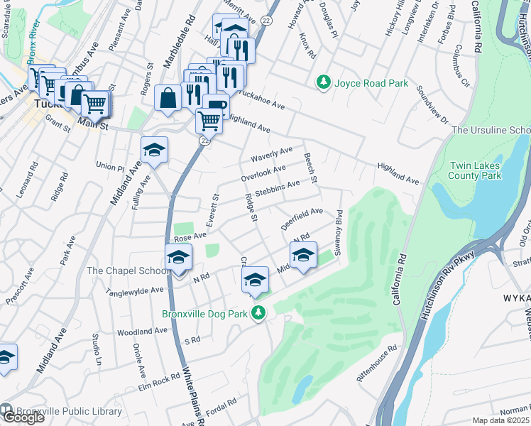 map of restaurants, bars, coffee shops, grocery stores, and more near 64 Rose Avenue in Eastchester
