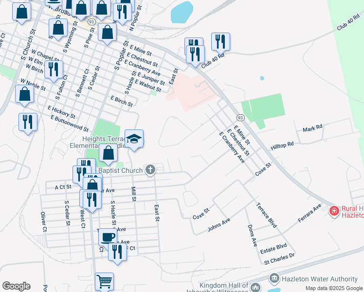 map of restaurants, bars, coffee shops, grocery stores, and more near 125 Wilson Drive in Hazleton