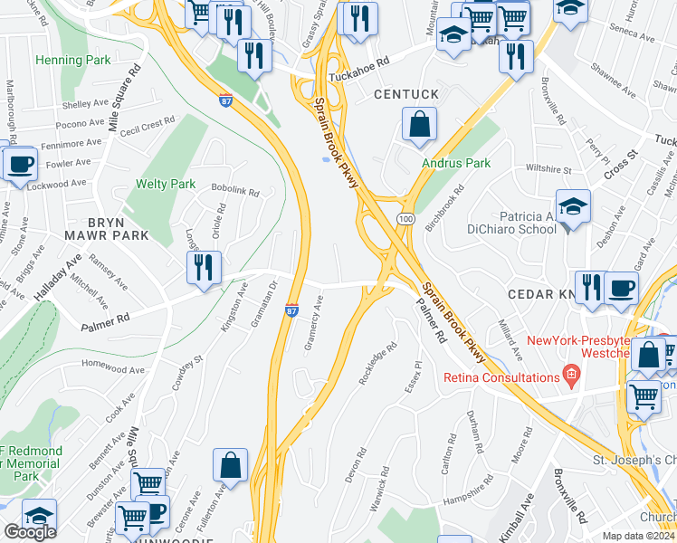 map of restaurants, bars, coffee shops, grocery stores, and more near 609 Palmer Road in Yonkers