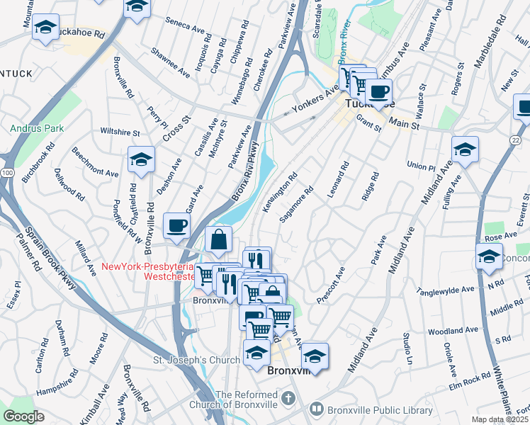 map of restaurants, bars, coffee shops, grocery stores, and more near Kensington Road in Bronxville