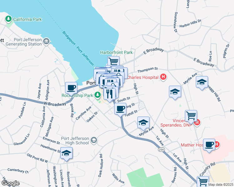 map of restaurants, bars, coffee shops, grocery stores, and more near 227 Main Street in Port Jefferson