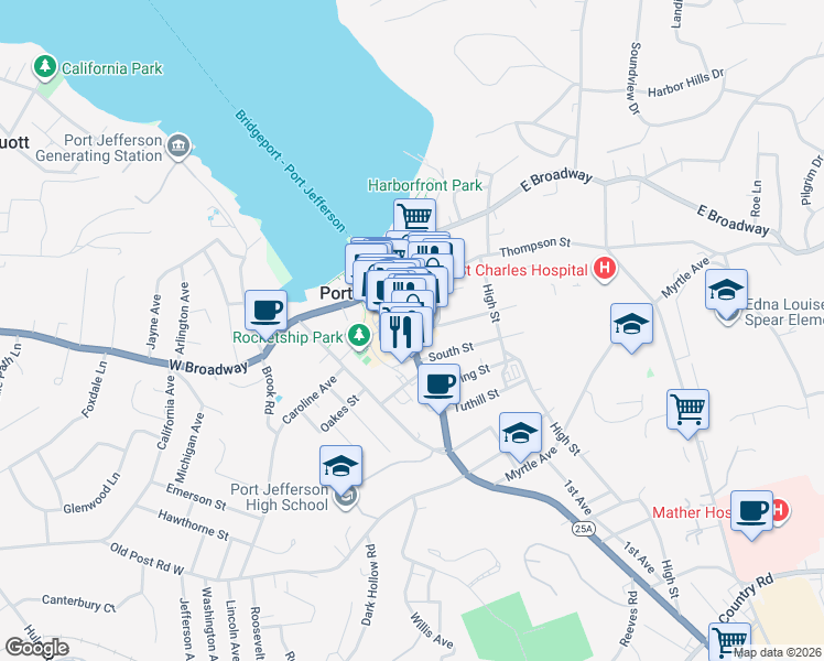 map of restaurants, bars, coffee shops, grocery stores, and more near 227 Main Street in Port Jefferson