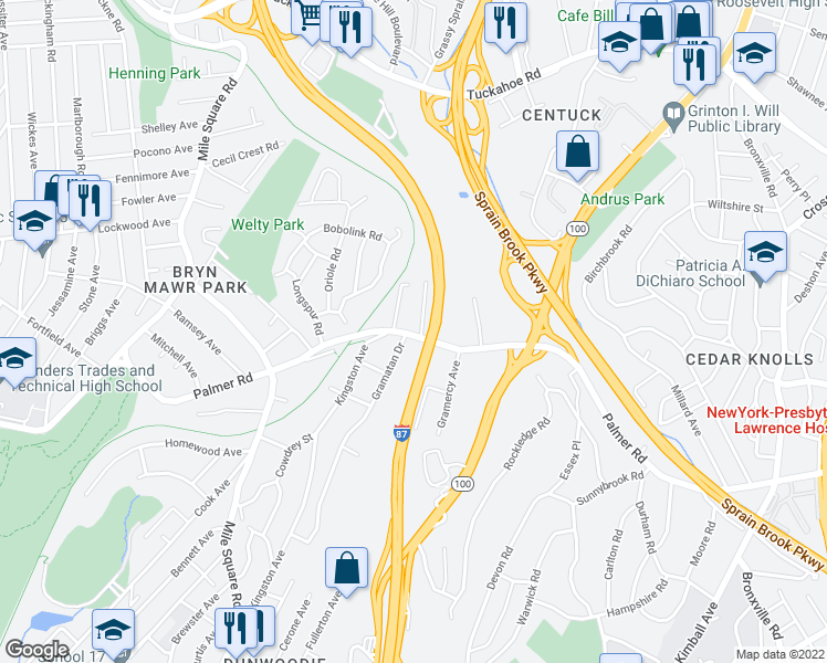 map of restaurants, bars, coffee shops, grocery stores, and more near 543 Palmer Road in Yonkers