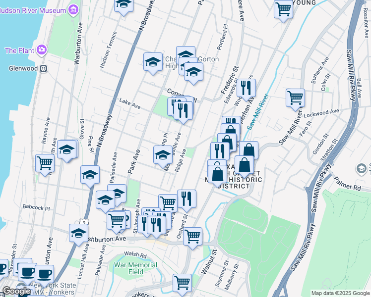 map of restaurants, bars, coffee shops, grocery stores, and more near 217 Ridge Avenue in Yonkers