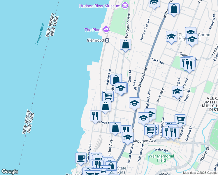 map of restaurants, bars, coffee shops, grocery stores, and more near 47 Ravine Avenue in Yonkers