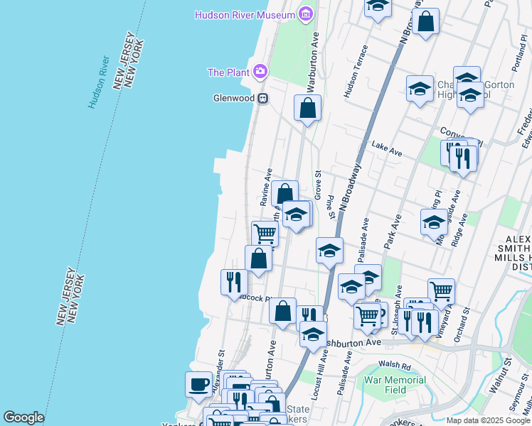 map of restaurants, bars, coffee shops, grocery stores, and more near 47 Ravine Avenue in Yonkers