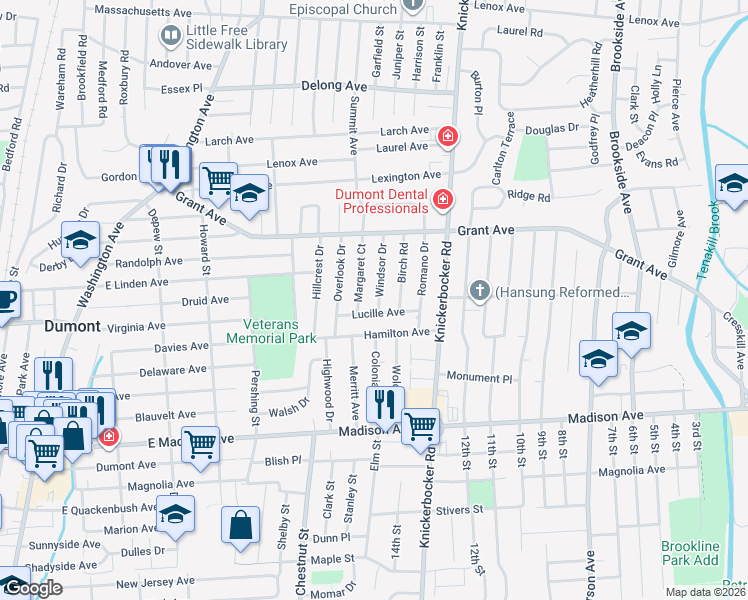 map of restaurants, bars, coffee shops, grocery stores, and more near 18 Margaret Court in Dumont