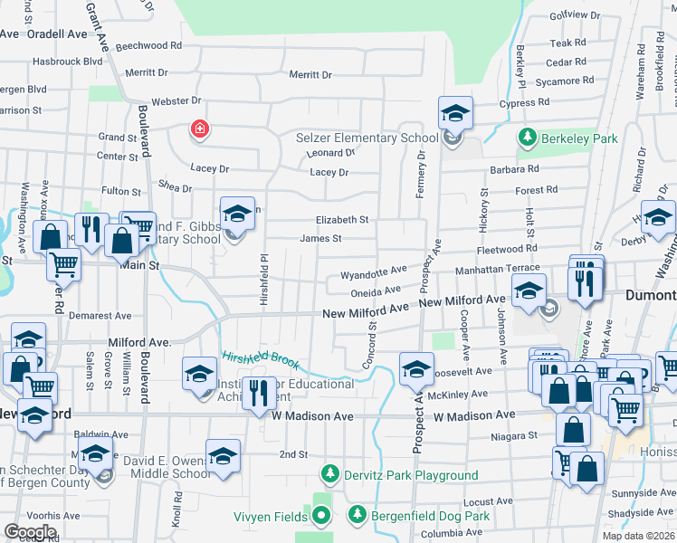 map of restaurants, bars, coffee shops, grocery stores, and more near 108 Wyandotte Avenue in Dumont