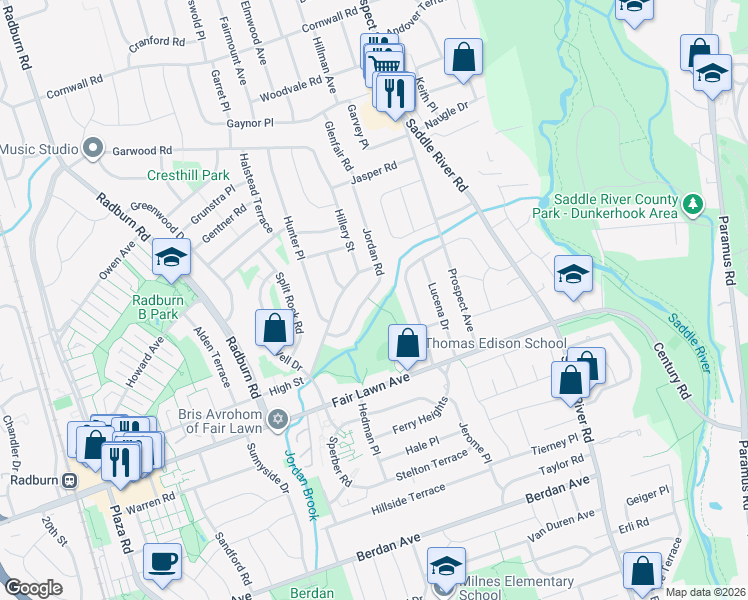 map of restaurants, bars, coffee shops, grocery stores, and more near 16-10 Jordan Road in Fair Lawn