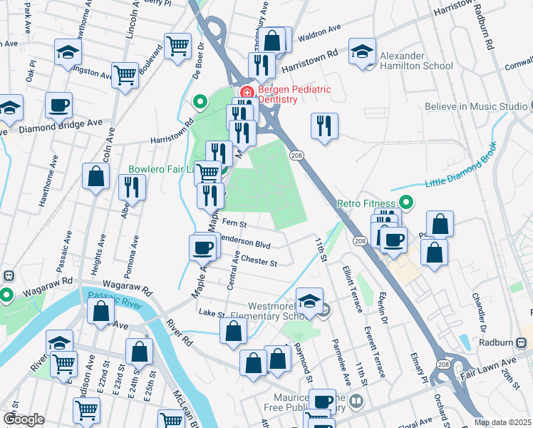 map of restaurants, bars, coffee shops, grocery stores, and more near 22-14 Myrtle Avenue in Fair Lawn