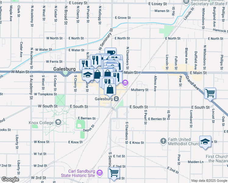 map of restaurants, bars, coffee shops, grocery stores, and more near 165 South Seminary Street in Galesburg