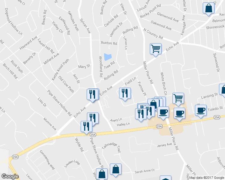 map of restaurants, bars, coffee shops, grocery stores, and more near 8 Miller Farms Drive in Miller Place