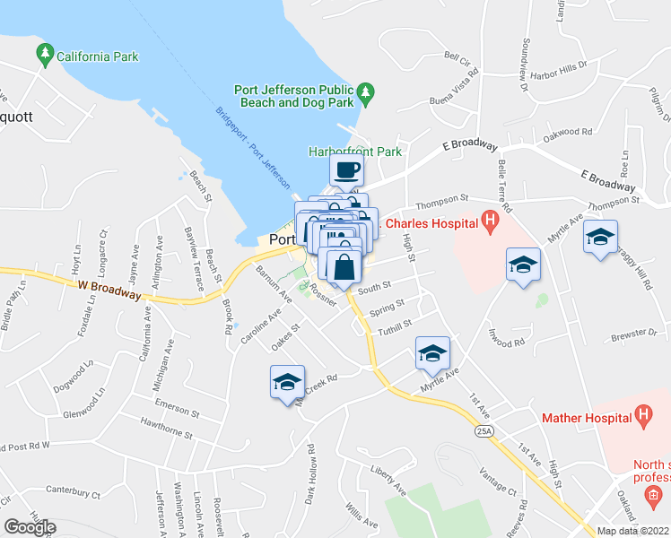map of restaurants, bars, coffee shops, grocery stores, and more near 227 Main Street in Port Jefferson