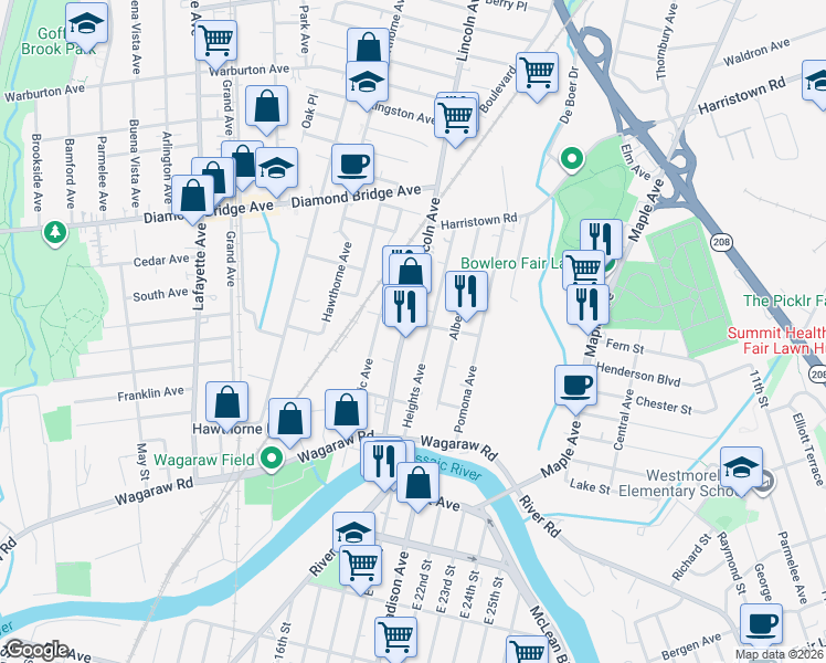 map of restaurants, bars, coffee shops, grocery stores, and more near 88 Heights Avenue in Fair Lawn