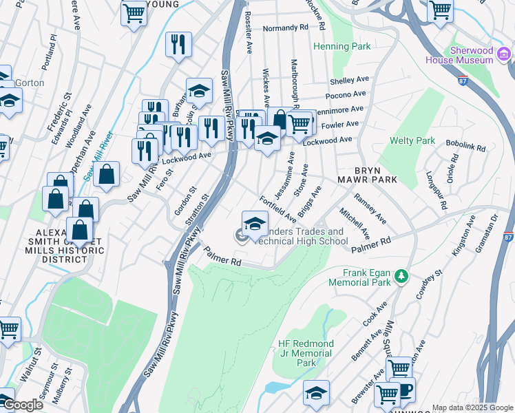 map of restaurants, bars, coffee shops, grocery stores, and more near 274 Glenhill Avenue in Yonkers