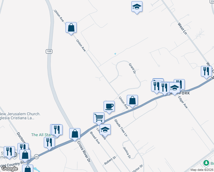 map of restaurants, bars, coffee shops, grocery stores, and more near 807 Union Avenue in Riverhead