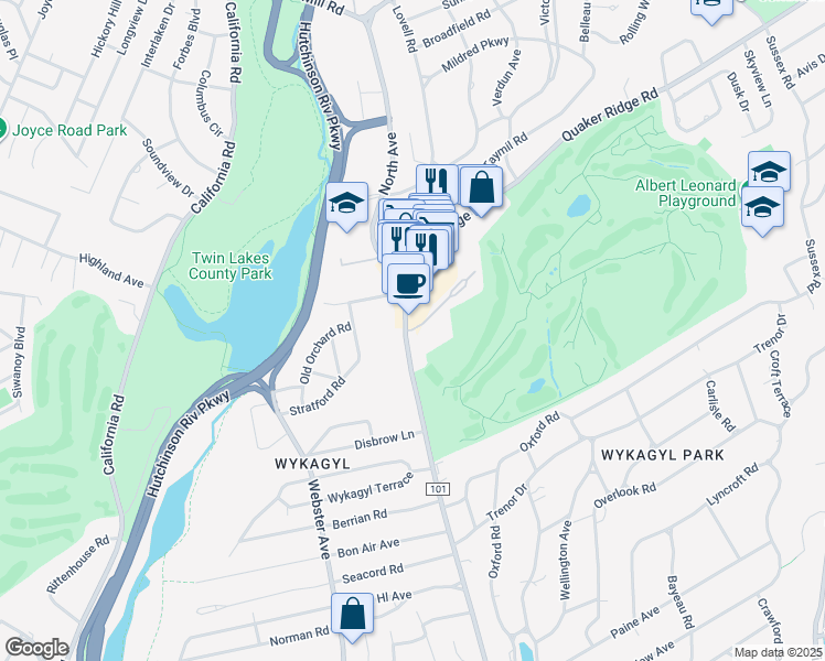 map of restaurants, bars, coffee shops, grocery stores, and more near 1273 North Avenue in New Rochelle