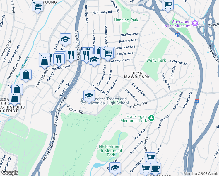 map of restaurants, bars, coffee shops, grocery stores, and more near 103 Briggs Avenue in Yonkers