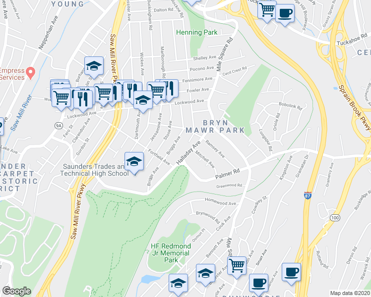 map of restaurants, bars, coffee shops, grocery stores, and more near 57 Halladay Avenue in Yonkers
