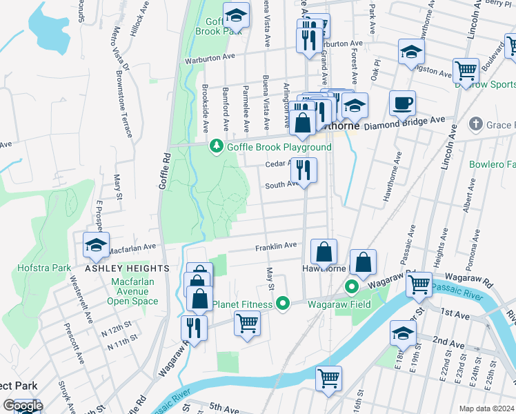 map of restaurants, bars, coffee shops, grocery stores, and more near 136 May Street in Hawthorne