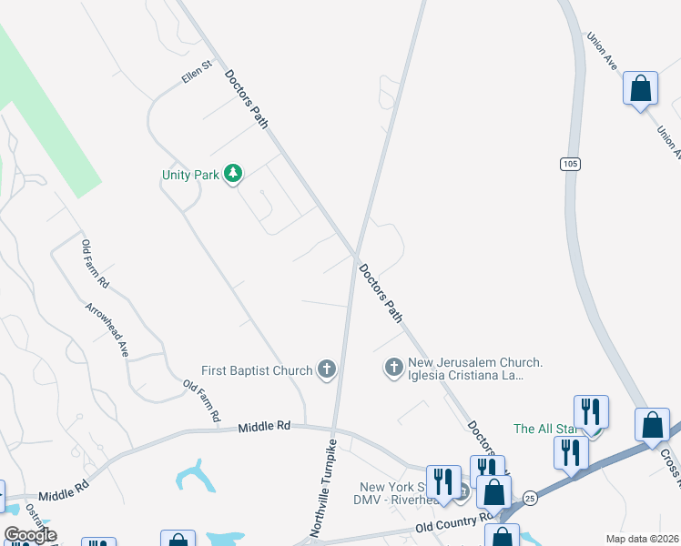 map of restaurants, bars, coffee shops, grocery stores, and more near 1144 Northville Turnpike in Riverhead