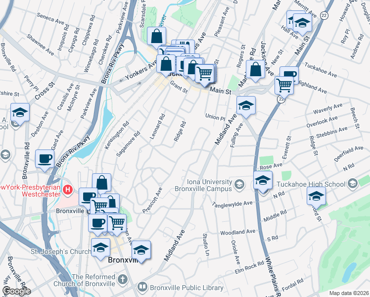map of restaurants, bars, coffee shops, grocery stores, and more near 51 Avon Road in Bronxville