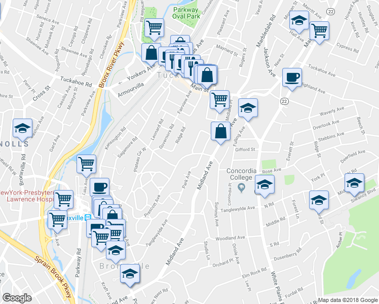 map of restaurants, bars, coffee shops, grocery stores, and more near 51 Avon Road in Bronxville